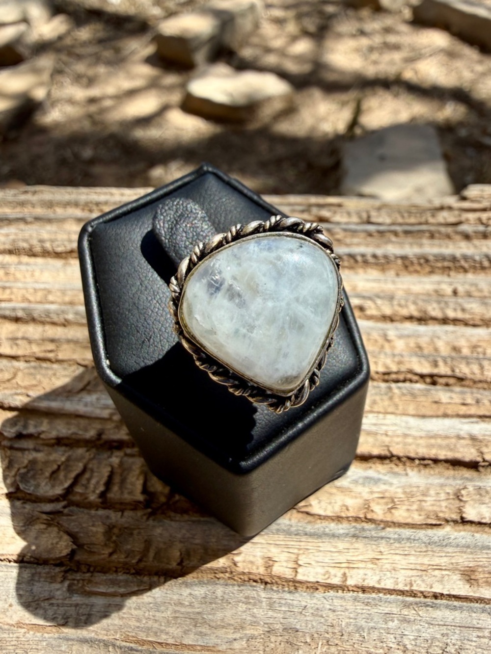 Sterling Silver Moonstone Statement Ring - White Size 7.5